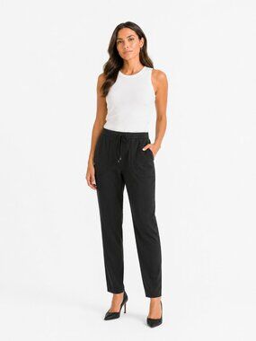 DEREK LAM IO CROSBY BLACK CREPE ELASTIC DRAWSTRING WAISTBAND TAPERED TROUSERS